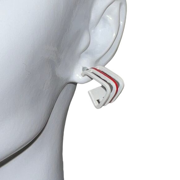 Vintage Angular Red & White Tri-Hoop Post Earrings 1980s Geometric Retro Jewelry - Picture 10 of 14